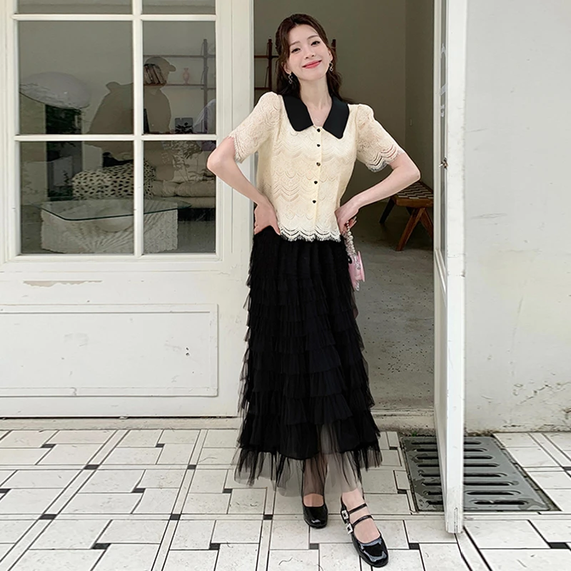 五季家大码套装夏季新显瘦法式v领排扣上衣蛋糕裙两件套ZL104781