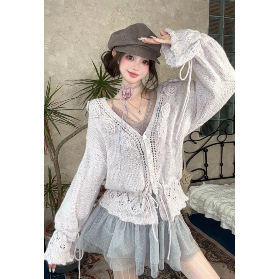 ｛棉蜜芋泥｝淡紫色钩花针织毛衣女早秋款 甜美温柔风开衫外搭韩系