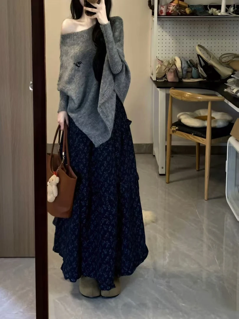 秋季新款斜肩毛衣上衣女宽松慵懒+碎花半身长裙小个子Q309