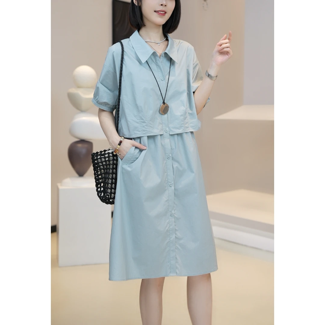 2025夏季新款时尚短袖衬衫连衣裙女设计感收腰显瘦假两件休闲裙子