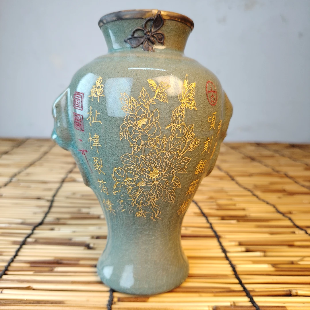 高端收藏汝窑描金包铜口虎头瓶陶瓷