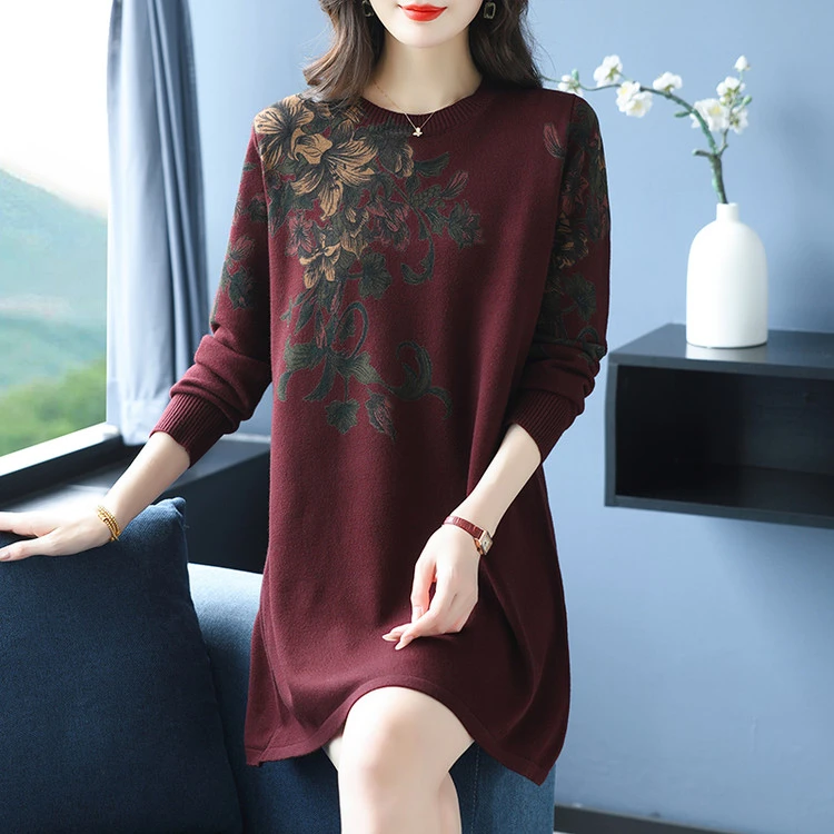 中年妈妈洋气毛衣中长款连衣裙秋冬季中老年女装针织衫打底衫毛衣