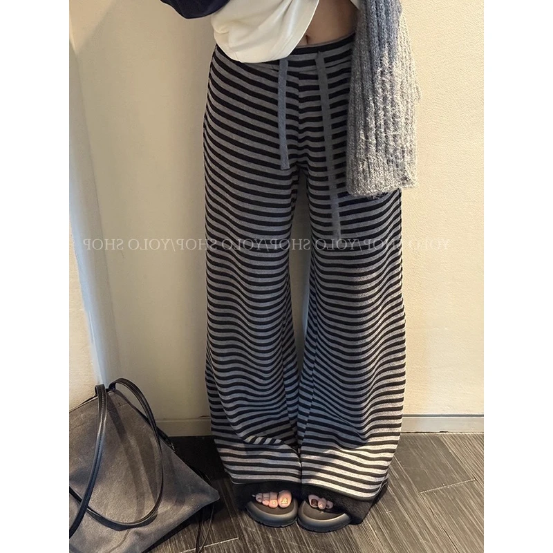 耶古韩系慵懒黑灰色加绒条纹直筒裤女秋冬季高腰抽绳休闲遛弯裤子