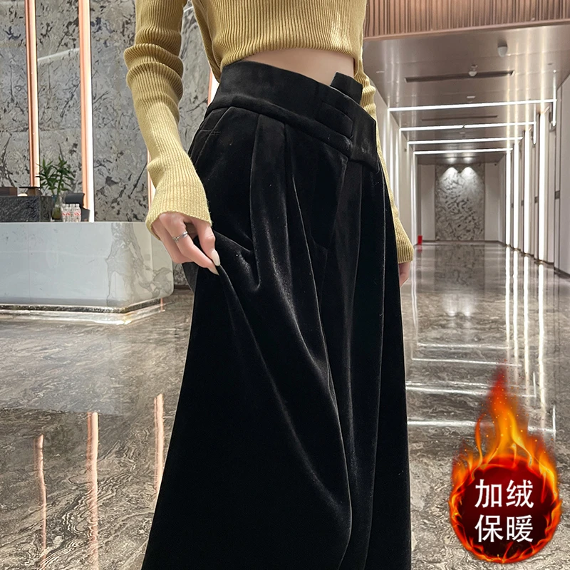 黑色金丝绒阔腿裤女2025冬季加绒高腰垂感魔术贴百搭休闲拖地裤子