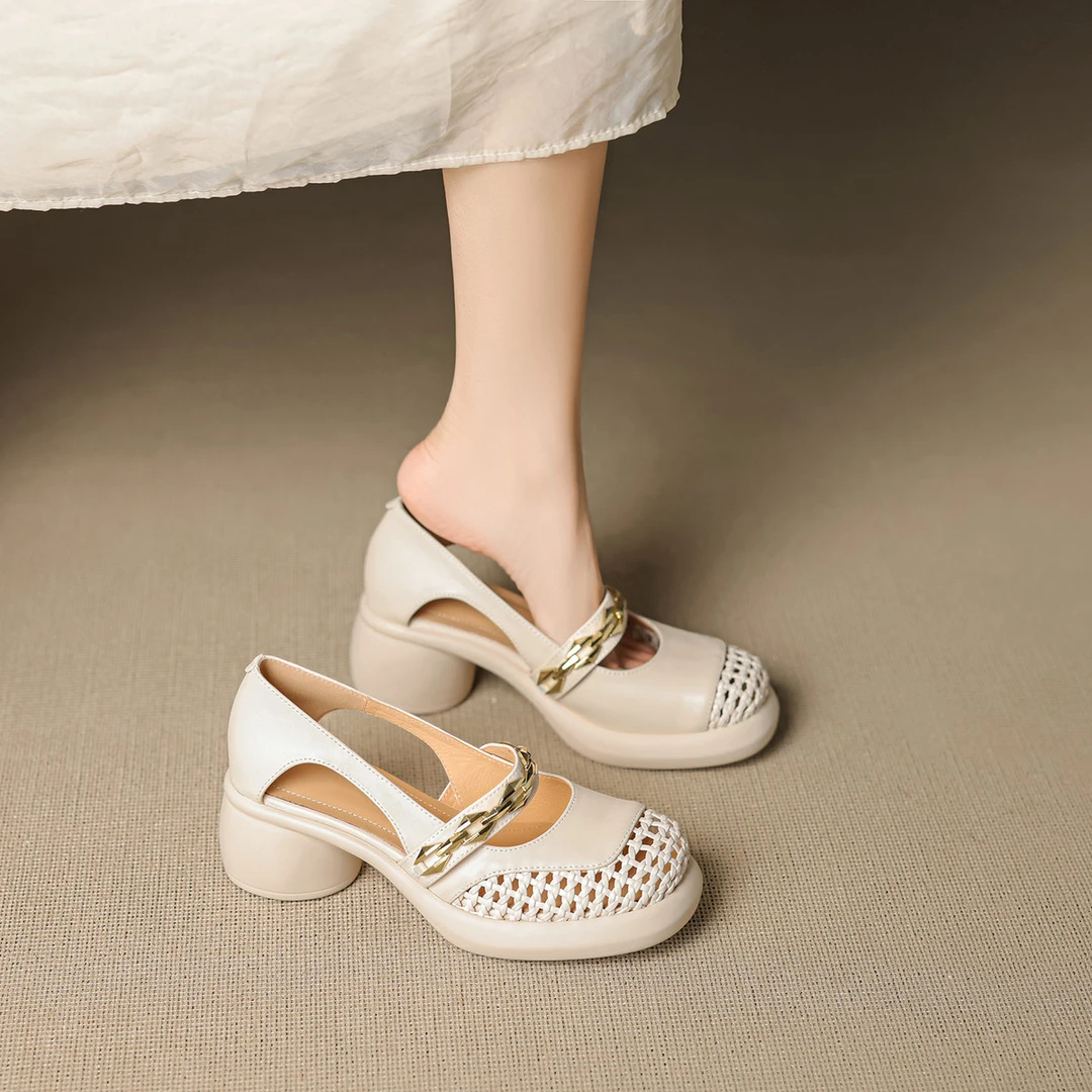 娇文希真皮浅口单鞋女夏季透气镂空编织踩屎感粗跟高跟鞋厚底凉鞋