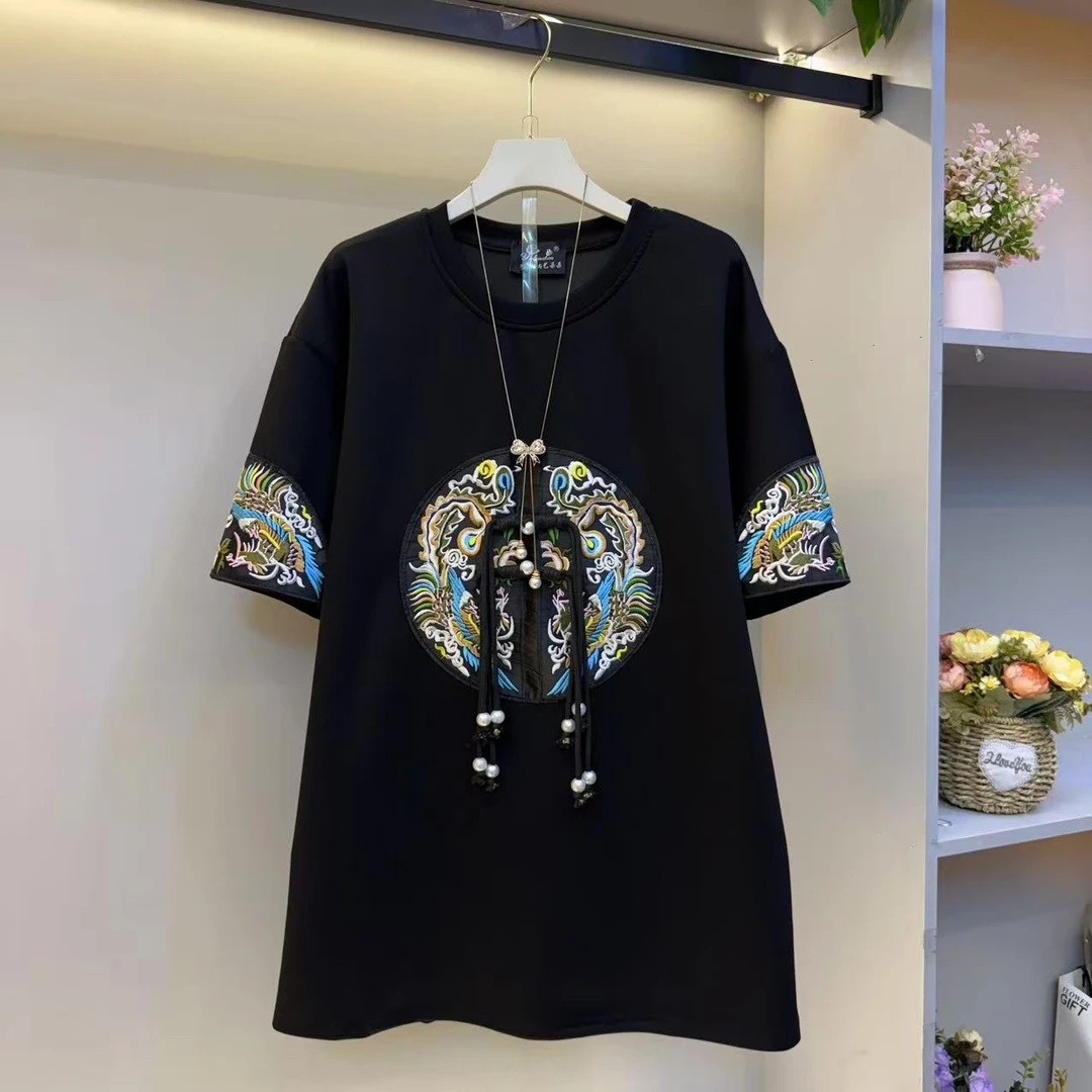 秋冬新款大码女装胖MM国潮风盘扣刺绣宽松显瘦短袖上衣