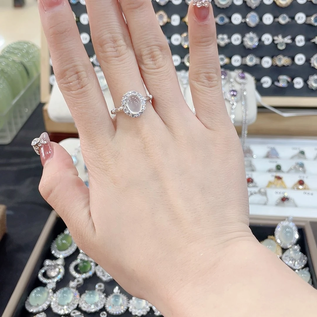 蛇纹石玉戒指银S925镶嵌纯*.