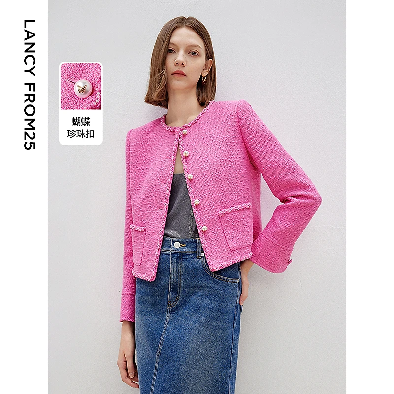 朗姿高级感小香风上衣外套25年春季设计感圆领正肩短外套女欧若风