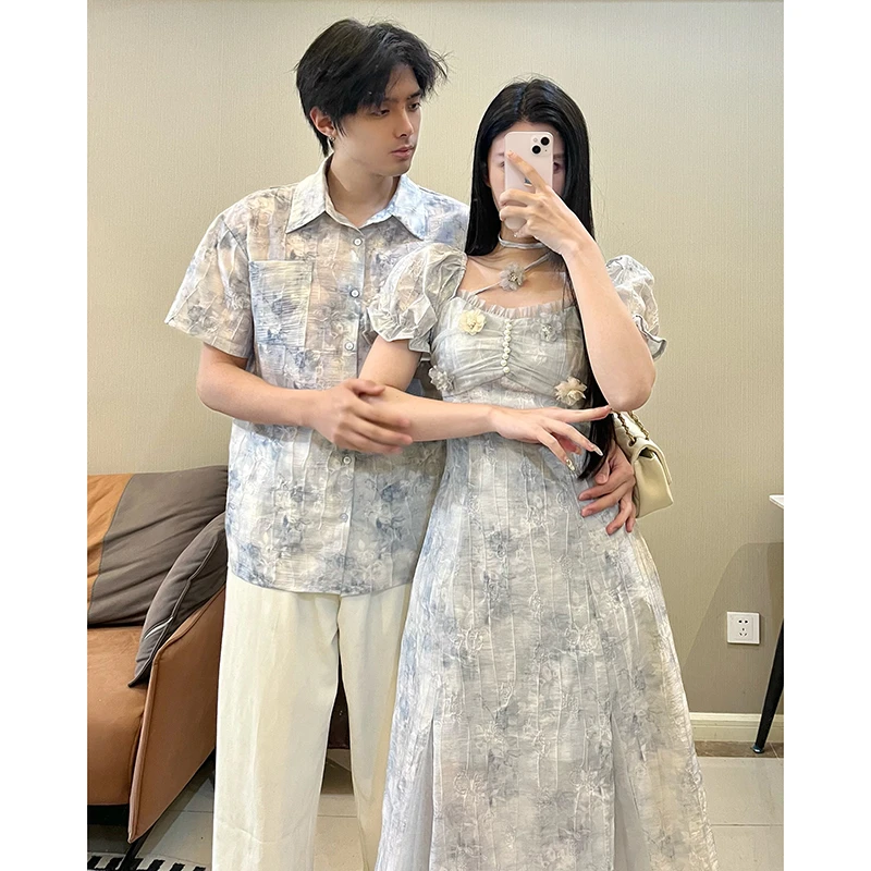 情侣装烟云雾蓝温柔气质烟立体花朵晕染蓝印花挂脖连衣裙夏男衬衣