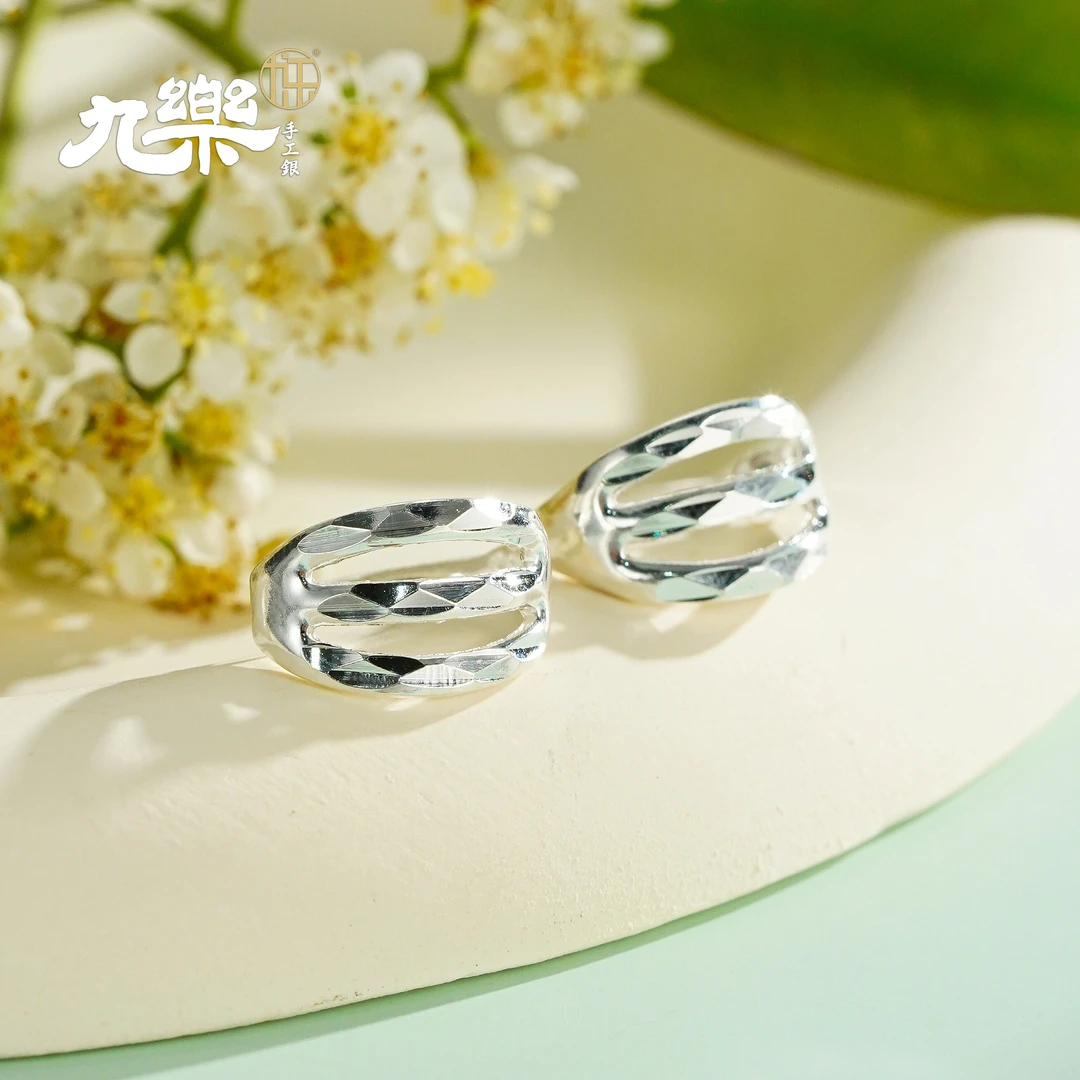 九乐 足银耳饰 银色车花三层耳扣（H)