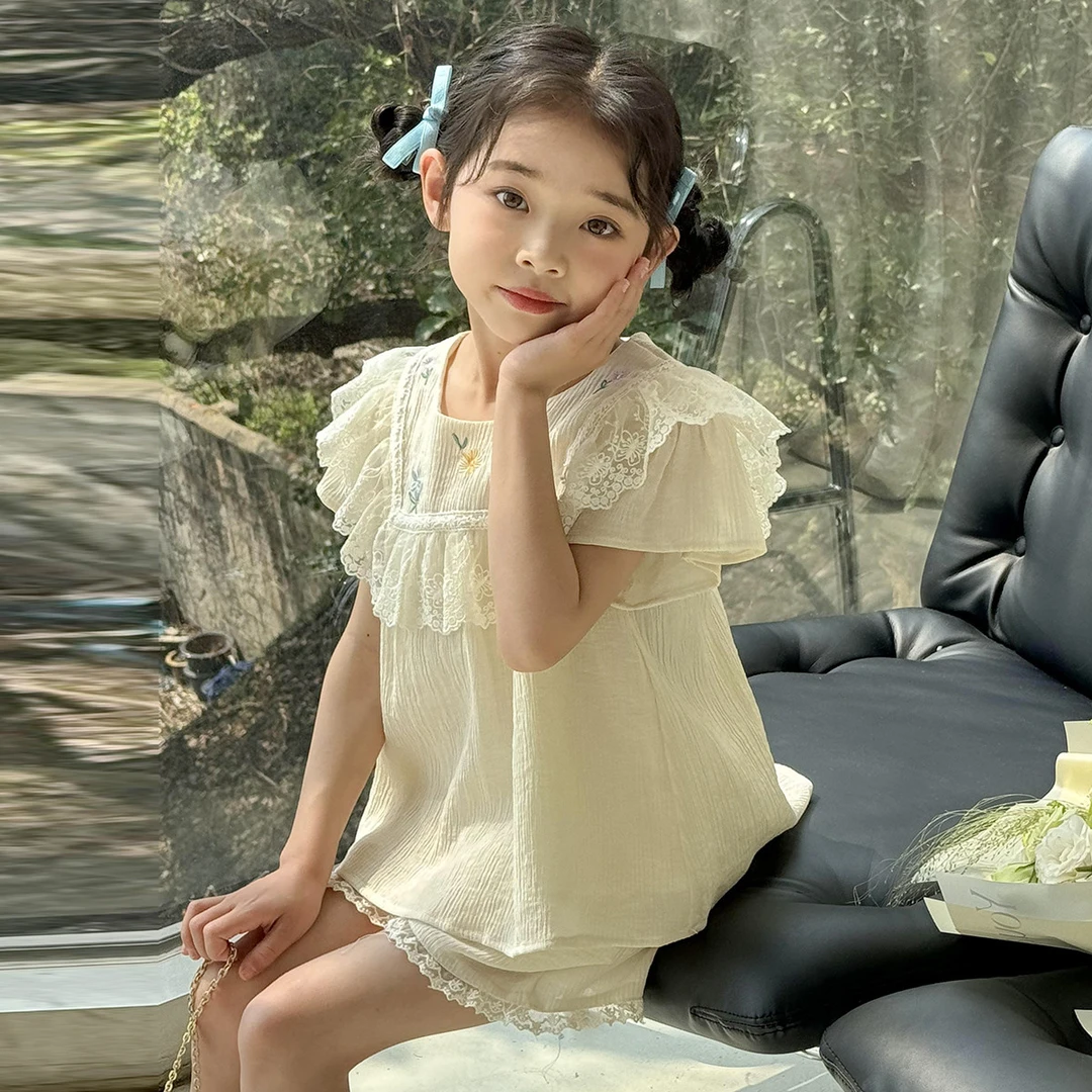 F028 新款中大童时尚休闲圆领花边两件套潮L520088