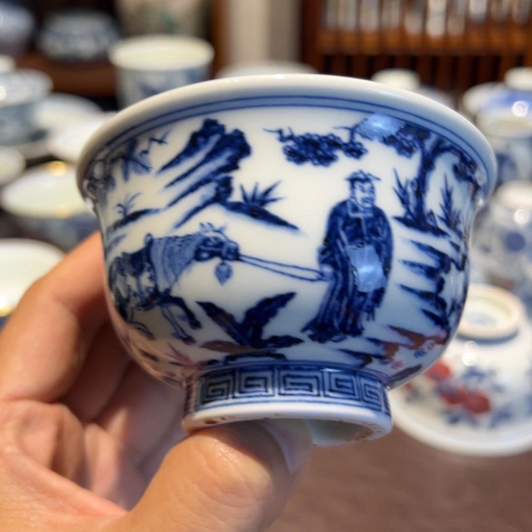 精品青花萧何月下追韩信人物故事压手杯口径约9.3厘米