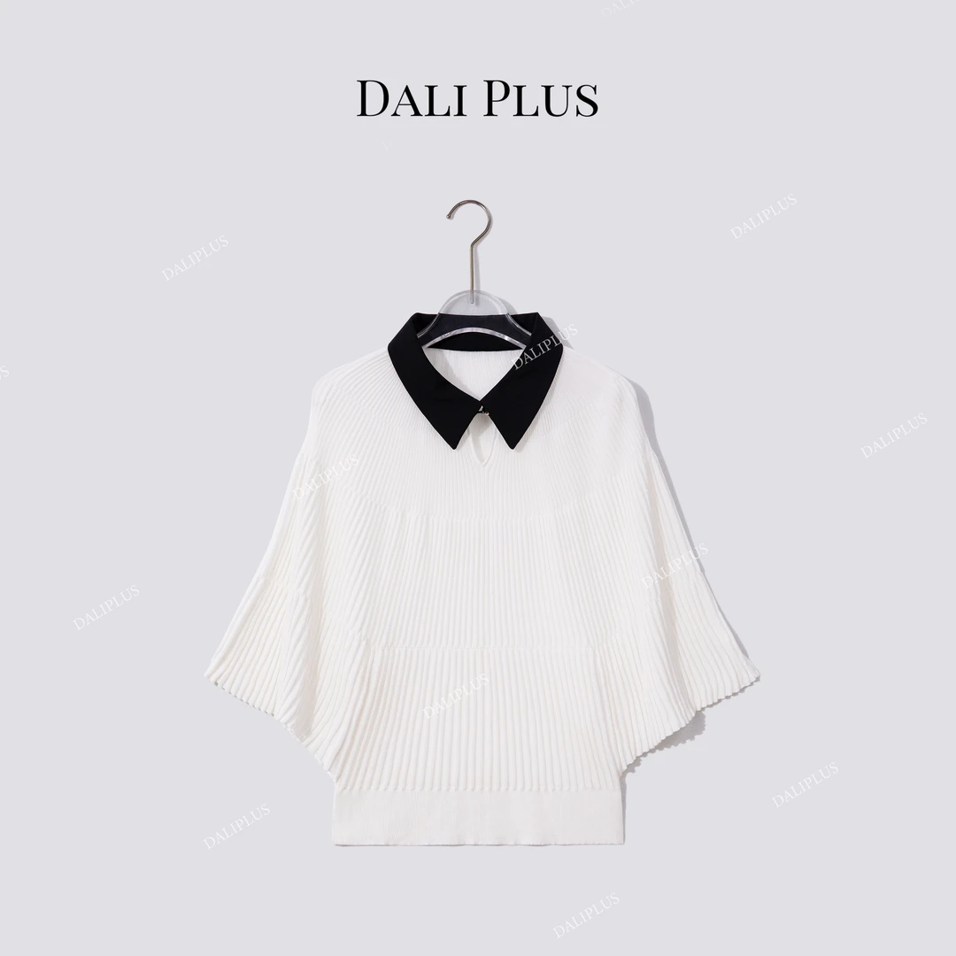 DALI PLUS法式老钱风POLO领蝙蝠袖气质立体褶皱天丝针织-D5MM2142