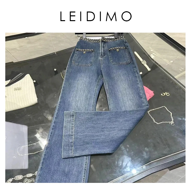 LeiDiMo蕾蒂茉香香家5号经典款高腰水洗牛仔裤白裤子破洞长裤阔腿
