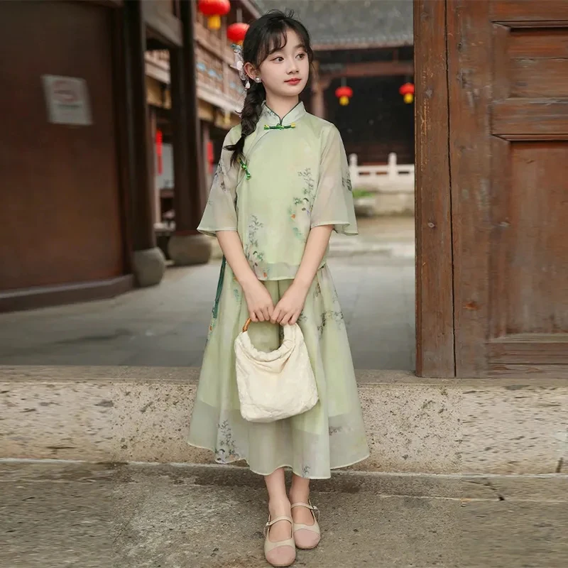 女童古风套装儿童女孩新中式唐装国风复古裙子汉服两件套2025新款