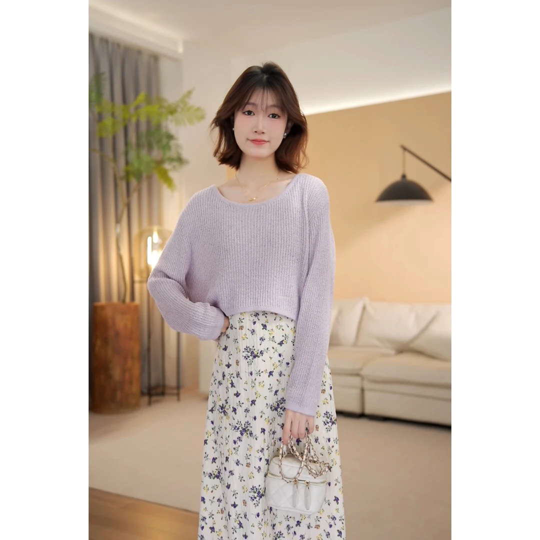 （周周小个子）春季新款长袖针织圆领百搭时尚短款毛衣-YJ0224