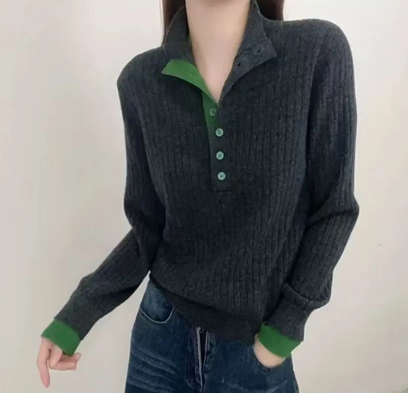 3黑色常规款拼接袖型针织显瘦不起球打底衫图案针织衫百搭