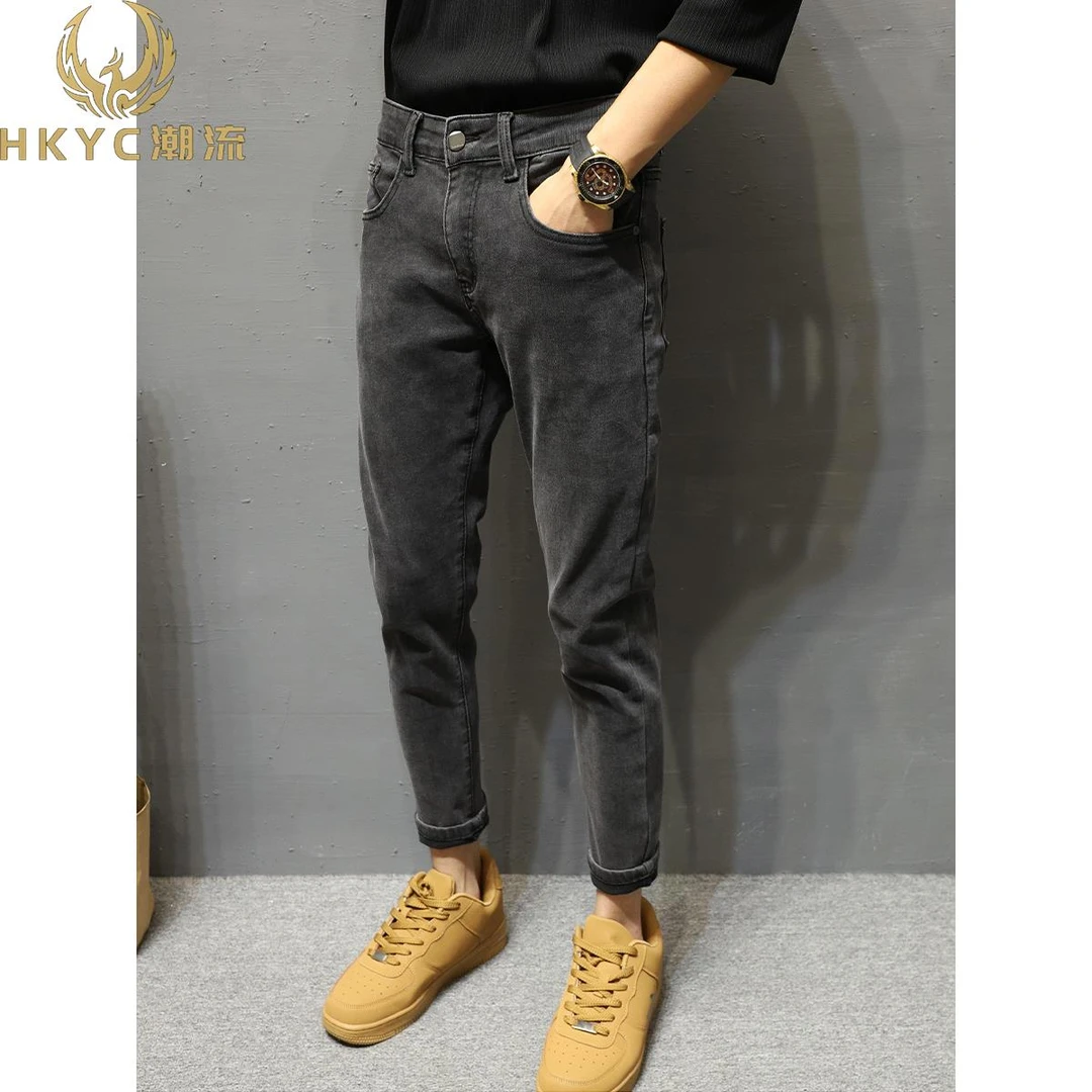 HKYC灰色男士修身牛仔裤2025春秋季新青年百搭简单水洗九分时尚裤