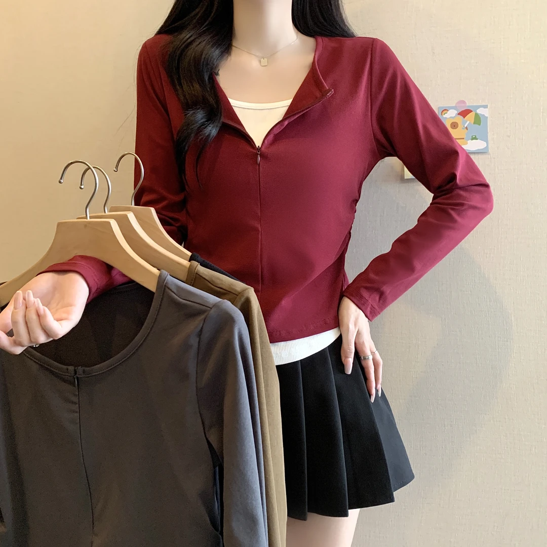 2025春季新款大码女装长袖假两件内搭打底上衣女