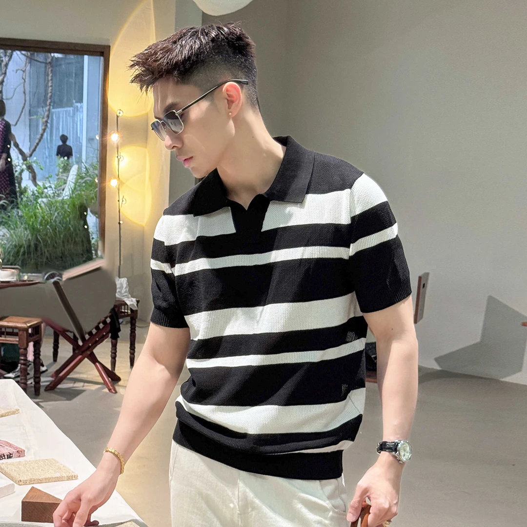 修身男士新款高级感冰爽丝海鸥领休闲潮流条纹时尚翻领针织衫短袖