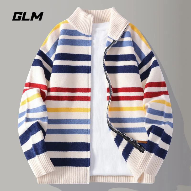 GLM彩色条纹开衫外套男秋季美式复古针织夹克慵懒风休闲立领上衣