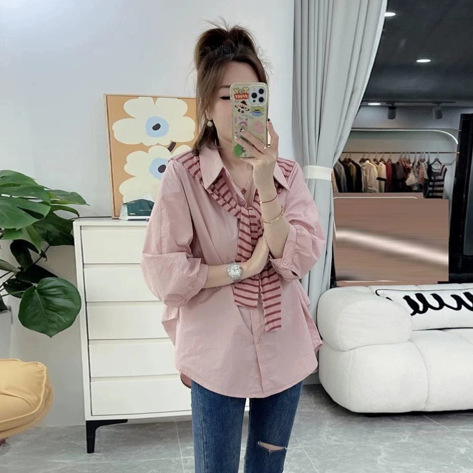 2025早秋新款开衫拼接披肩上衣女宽松长袖POLO领独特别致小众衬衫