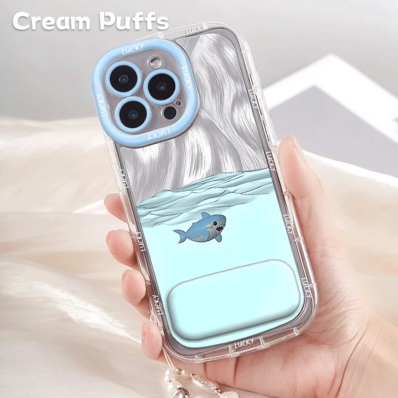 iPhone17带挂绳16海底鲨鱼15手机壳软苹果14镜子支架13ProMax适用