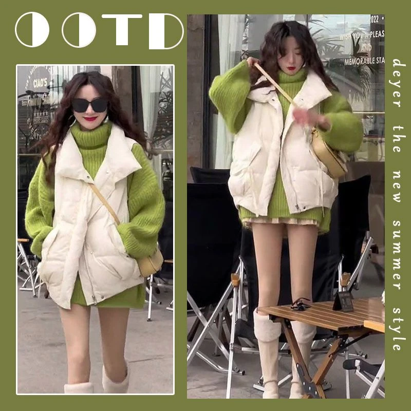 2025年秋冬新款韩版宽松保暖款棉服马甲外套百搭显瘦毛衣两件套潮