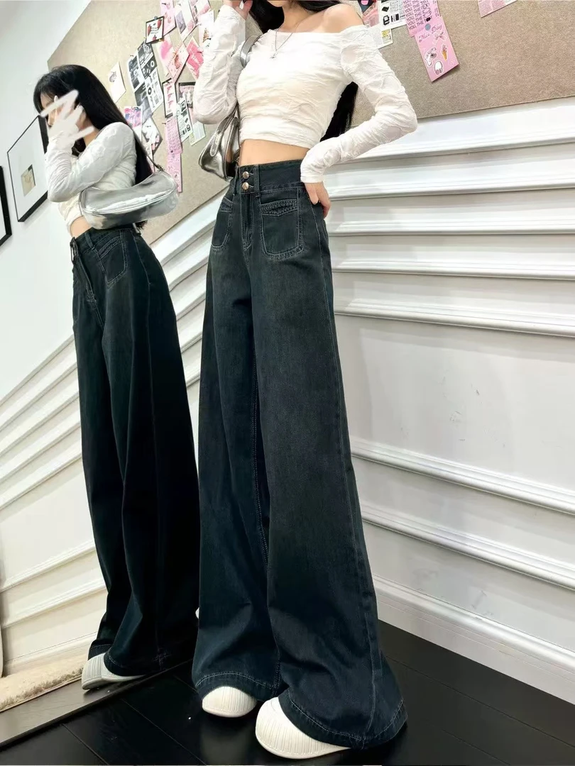 【面】丹宁蓝牛仔裤女夏季新款胖妹妹mm梨形身材高腰宽松显瘦直筒裤