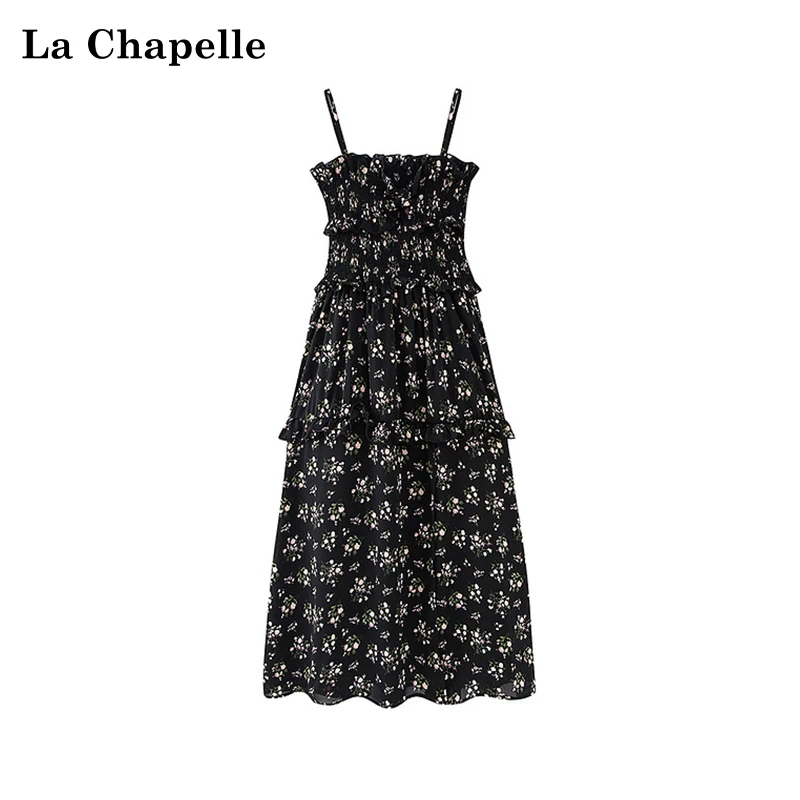 拉夏贝尔黑色法式碎花连衣裙法式开叉吊带裙小个子裙