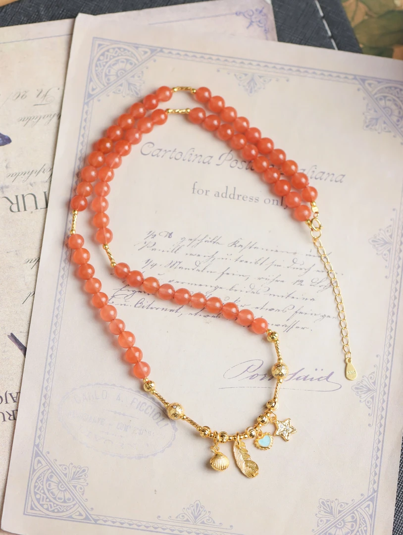 南红玛瑙圆珠小扇贝星星手工DIY设计款精致送礼女款百搭链毛衣链