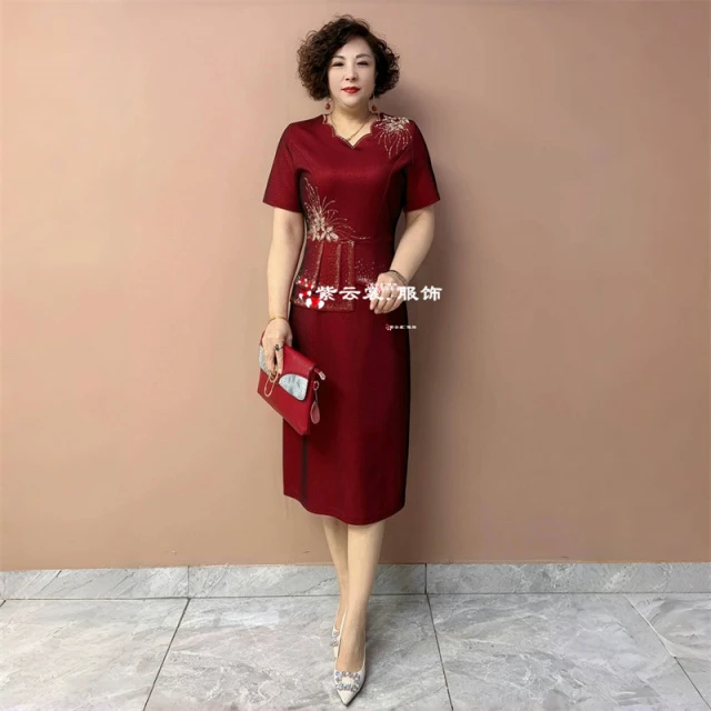 气质妈妈婚宴礼服轻奢短袖旗袍喜婆婆婚礼敬酒服洋气假两件连衣裙