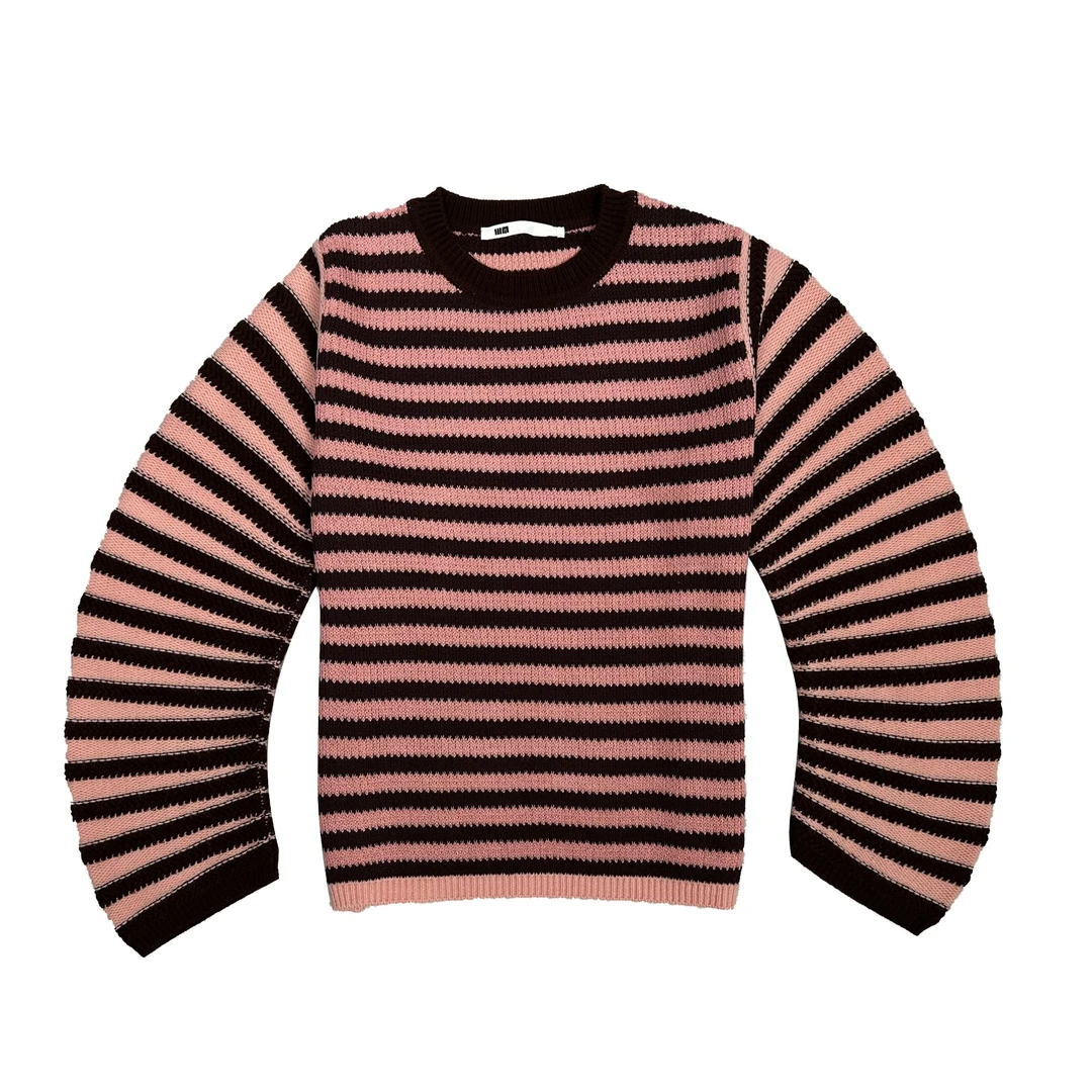 80369软绵绵女春秋季半边绒针织毛线黑粉条纹休闲上衣