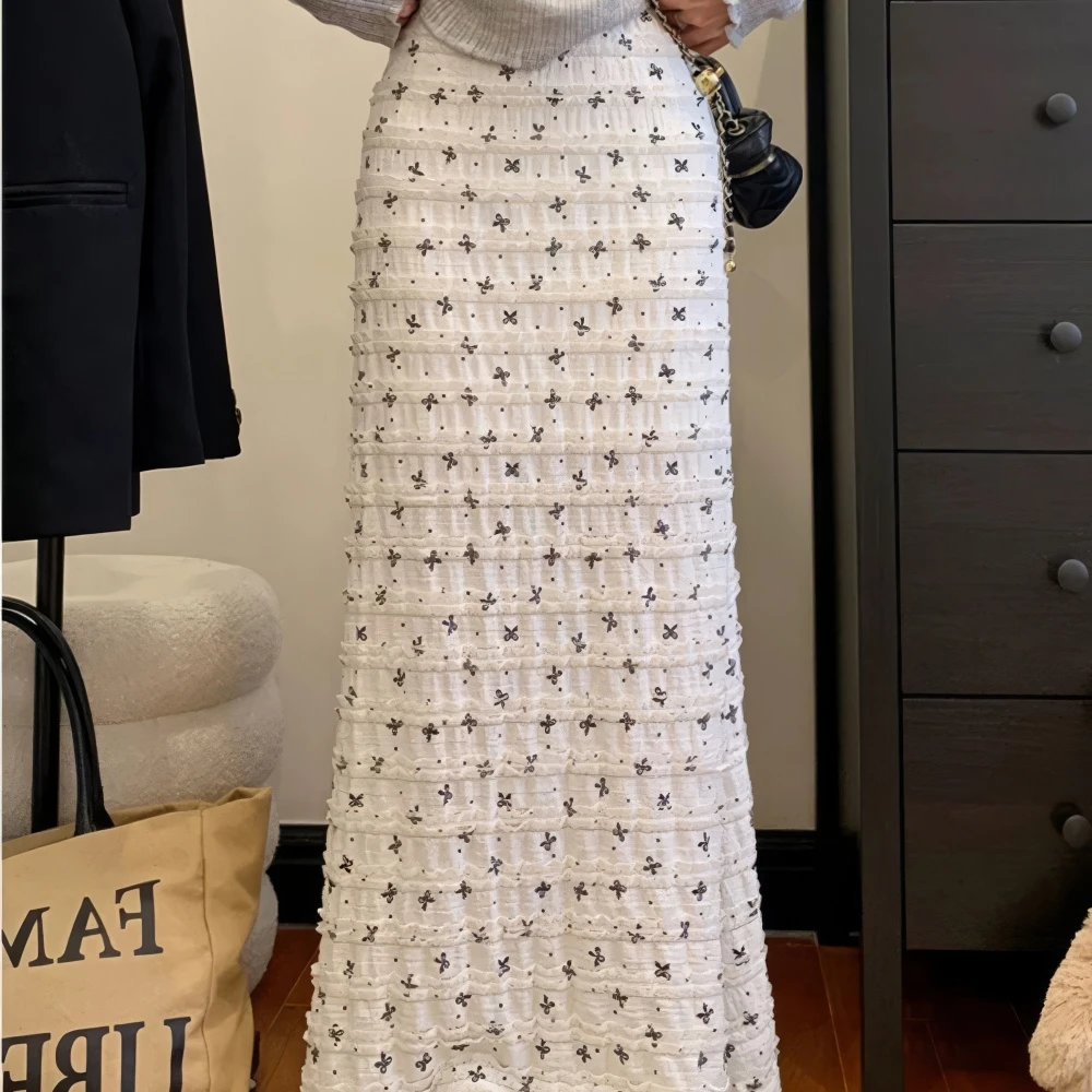 2025夏季度假风蝴蝶结印花蕾丝镂空碎花鱼尾半身裙显瘦纯欲长裙子