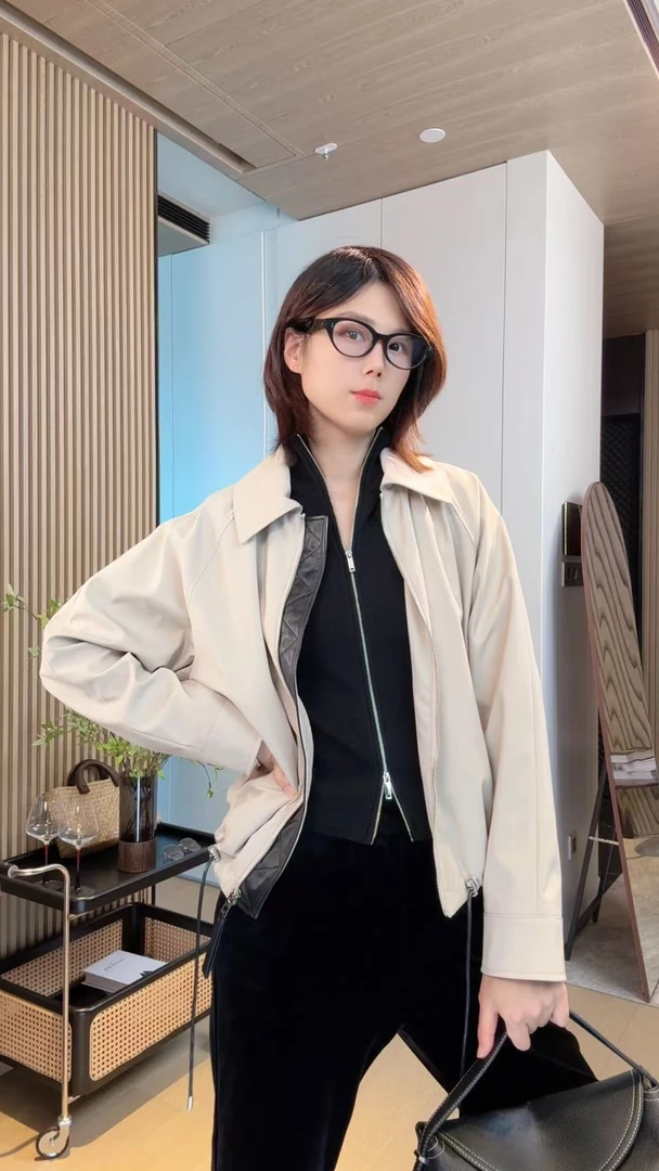 NAN&SEN  高奢线 2025秋款罗意翻领拼接小羊皮休闲短款拉链夹克