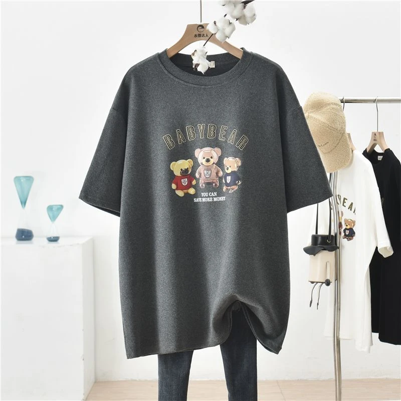 磨毛加绒小熊短袖T恤女秋冬2024新款宽松胖妹妹大码半袖上衣ins潮