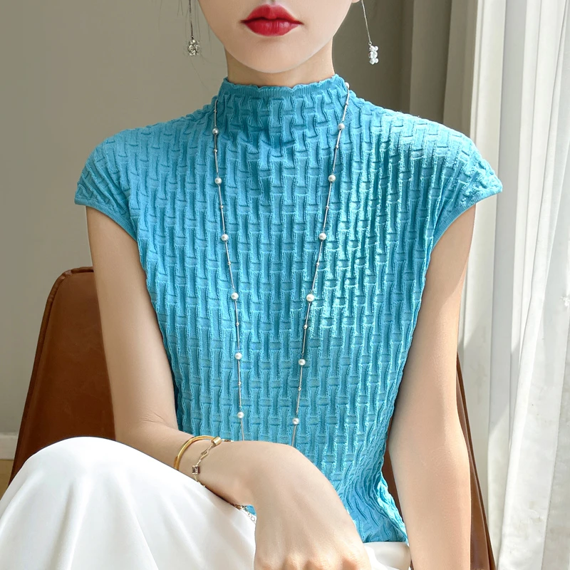 湖蓝色短袖女毛针织夏薄款精仿背心半高领羊毛T恤半袖气质修百搭