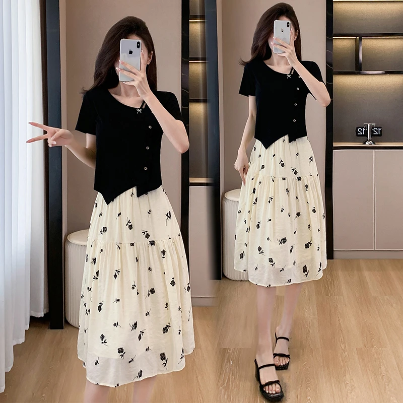 已出货大码套装短袖棉上衣+印花半身裙两件套韩版显瘦气质