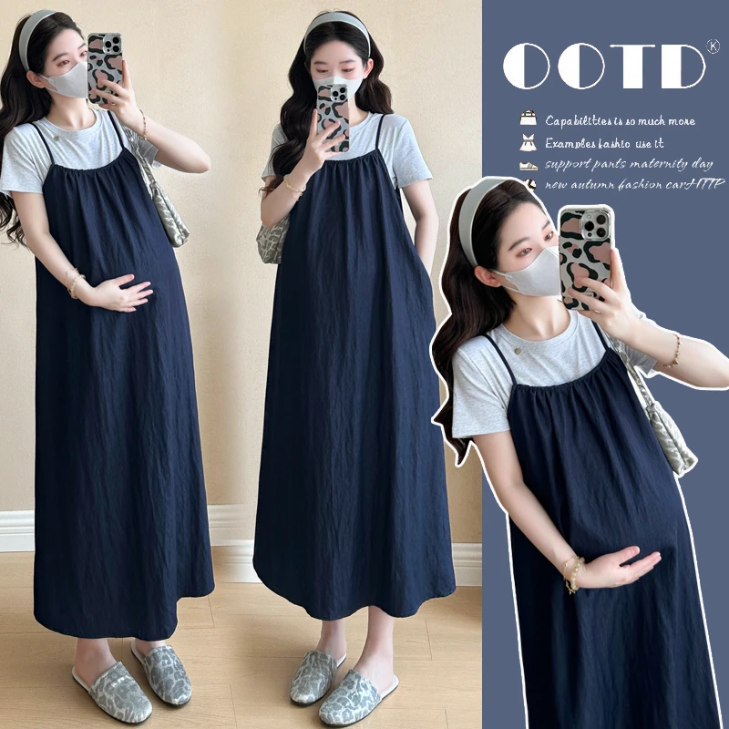 孕妇装法式气质高级感宽松大码吊带裙t恤潮孕期穿搭2025新款夏季