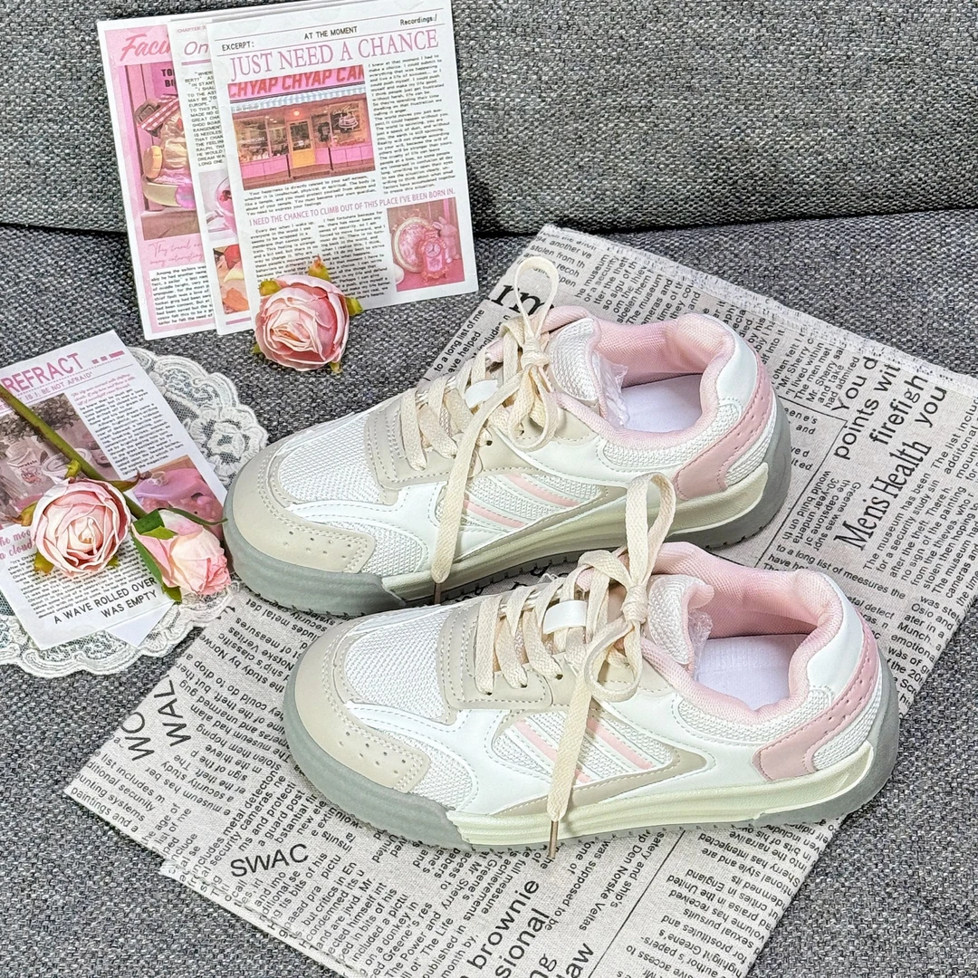 2025网面透气新款春夏圆头厚底板鞋少女百搭休闲运动鞋校园ins女