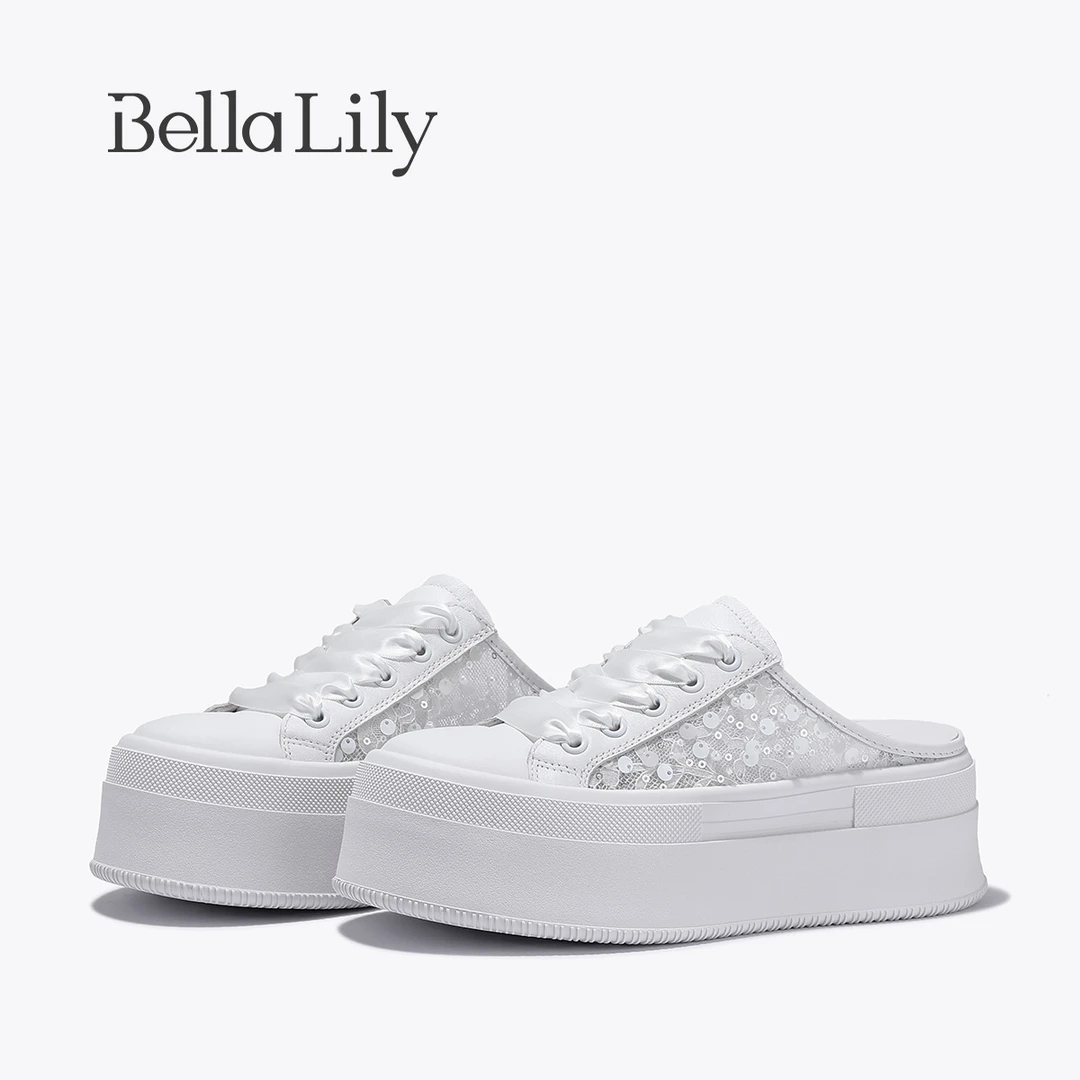 BellaLily2025夏季新款亮片百搭厚底板鞋女学院风无后跟拖鞋潮鞋