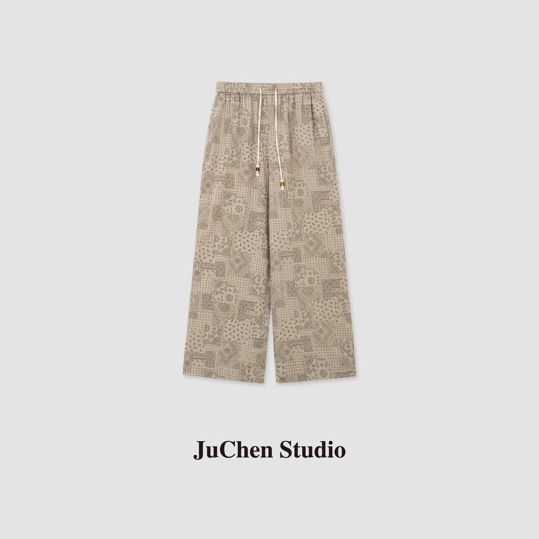 春夏沙色佩斯利印花垂感轻薄休闲度假松紧腰直筒裤 SS044204