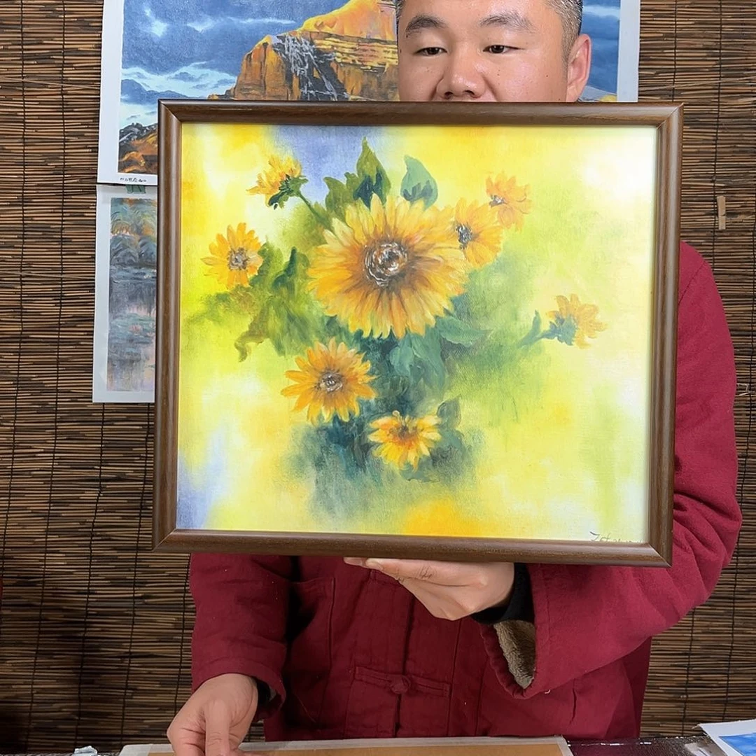 油画行路人小院绘画作品