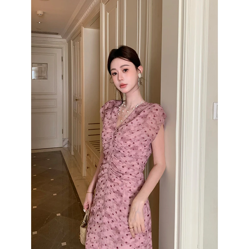 【小婉】法式浪漫扎染V领度假风褶皱收腰显瘦短袖波点连衣裙LYQ1010