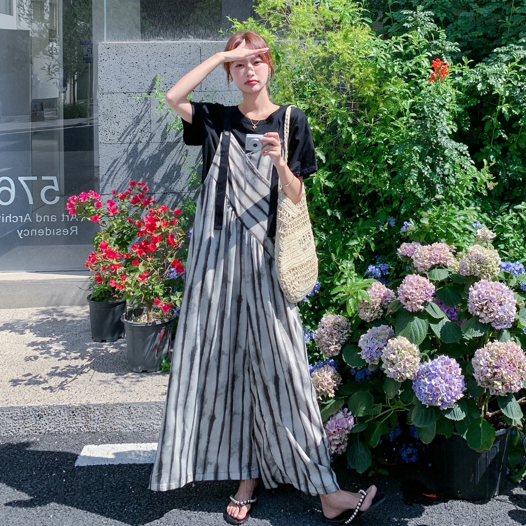 设计感晕染条纹背带裤套装女2025夏季新款韩系ootd穿搭休闲两件套