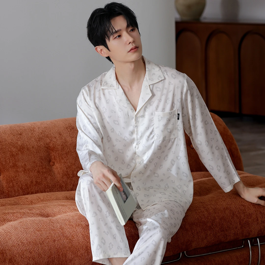 YIHAN-睡衣春秋新款冰丝长袖长裤轻奢男女士夏天家居服套装可外穿