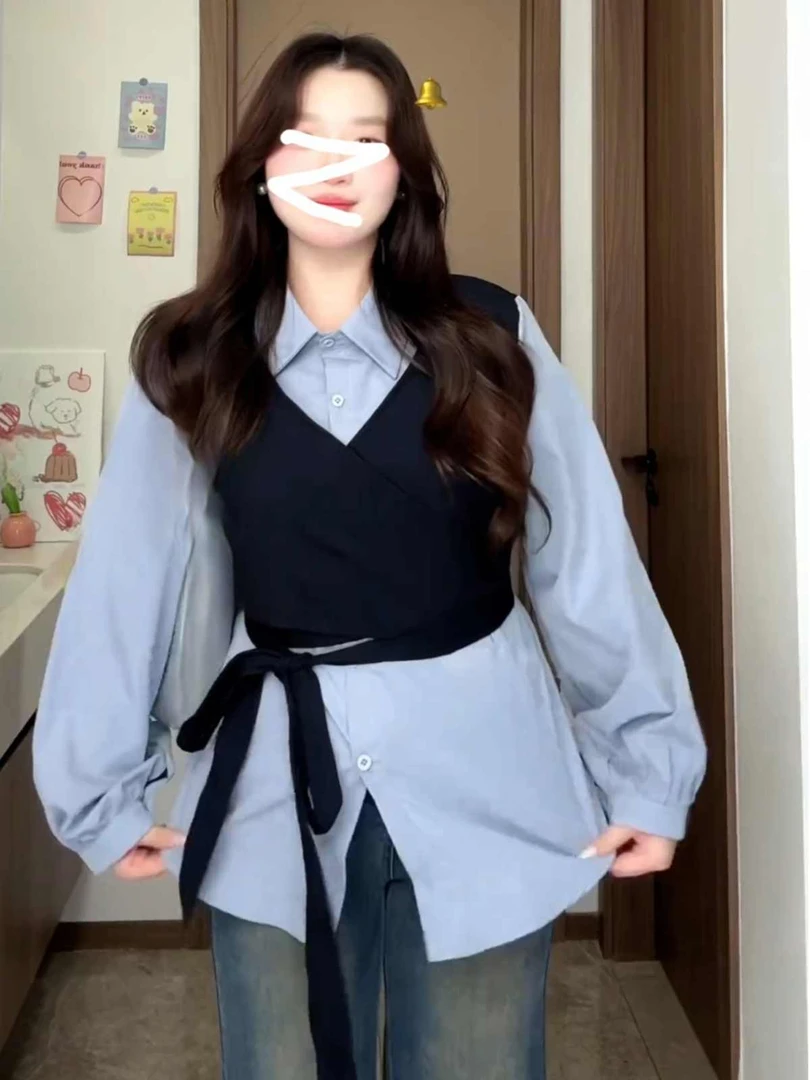 大码胖MM韩系百搭假两件长袖衬衫女秋季2025新款绑带收腰遮肉衬衣