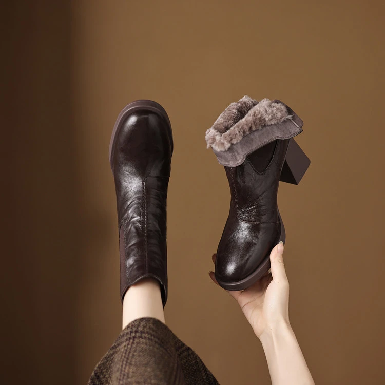 复古秋冬中跟厚底短靴粗跟法式小脚裤的靴子靴子保暖冬季真毛内里