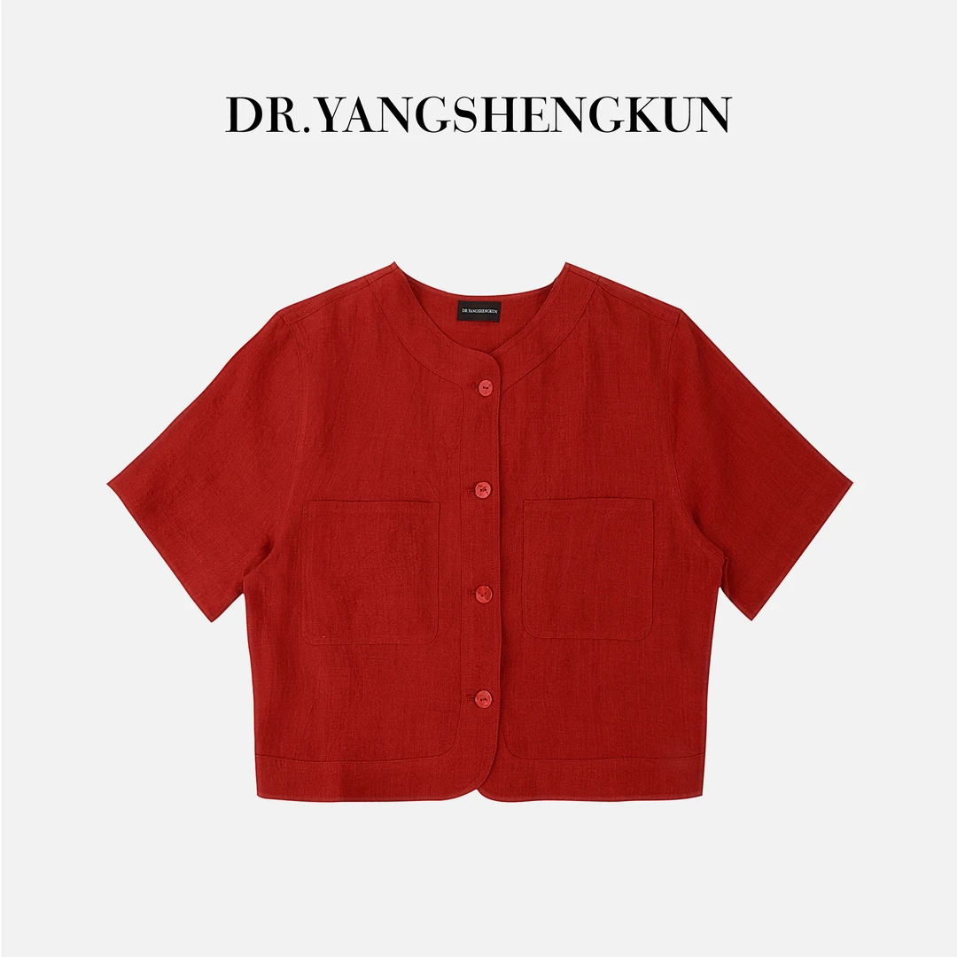 DR杨圣坤2025夏季女士简约休闲衬衫复古短款圆领亚麻外套SW254710