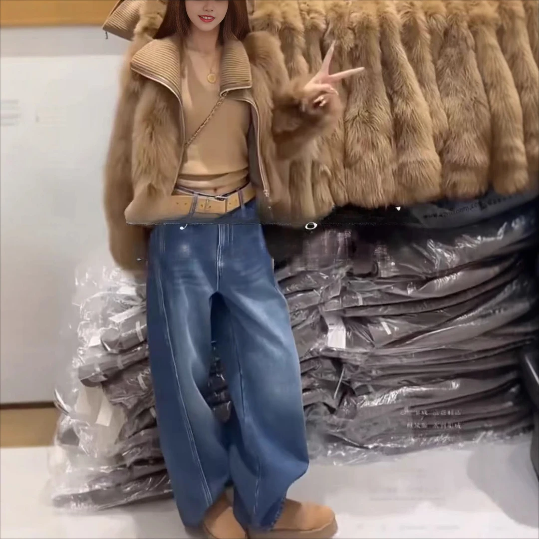 美式复古立领针织拼接环保毛外套女冬季新款时髦气质保暖毛毛上衣